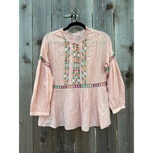 Lucky Brand Embroidered‎ Peasant Blouse Top Pink Multicolor Size M Boho NWT